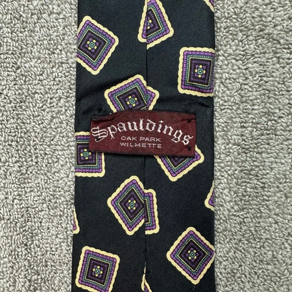 Spauldings Oak Park Wilmette Mens Silk Tie Black Purple Geometric Squares USA